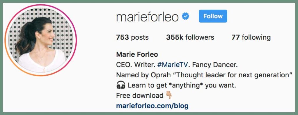 Marie Forleo Instagram profile example