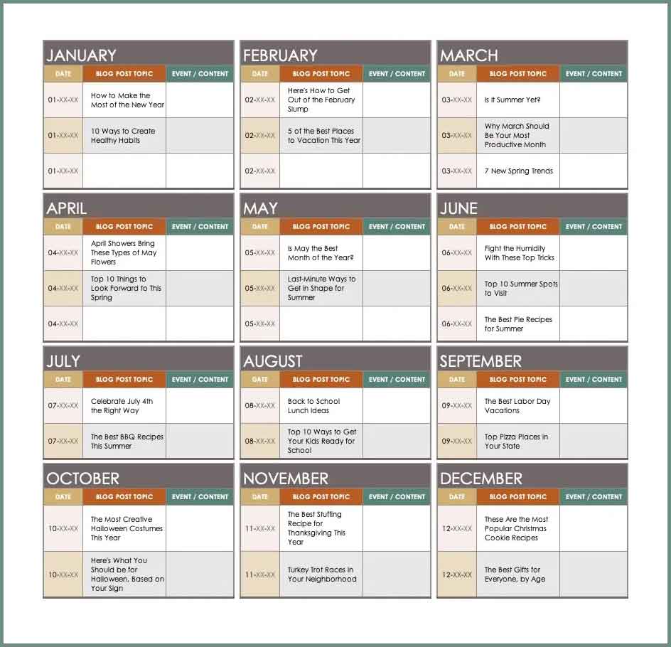 Sample Blog Planner Editorial Calendar
