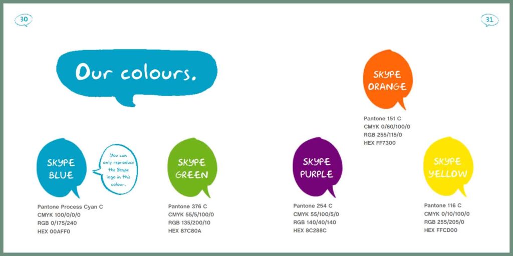 Skype Brand Guidelines Manual Color Palettes Page